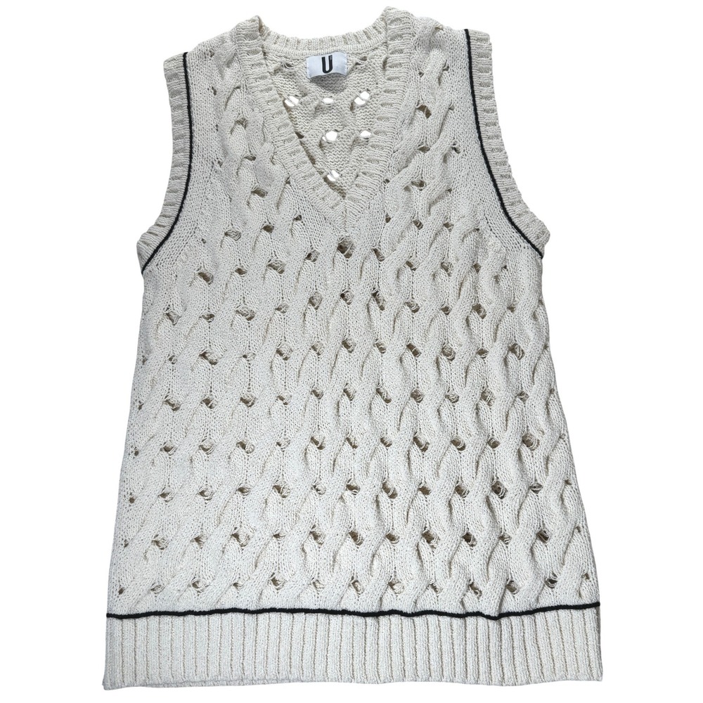 Unique Cream Cable‎ Knit Sweater Vest V-Neck Contrast Trim Tennis Prep Small